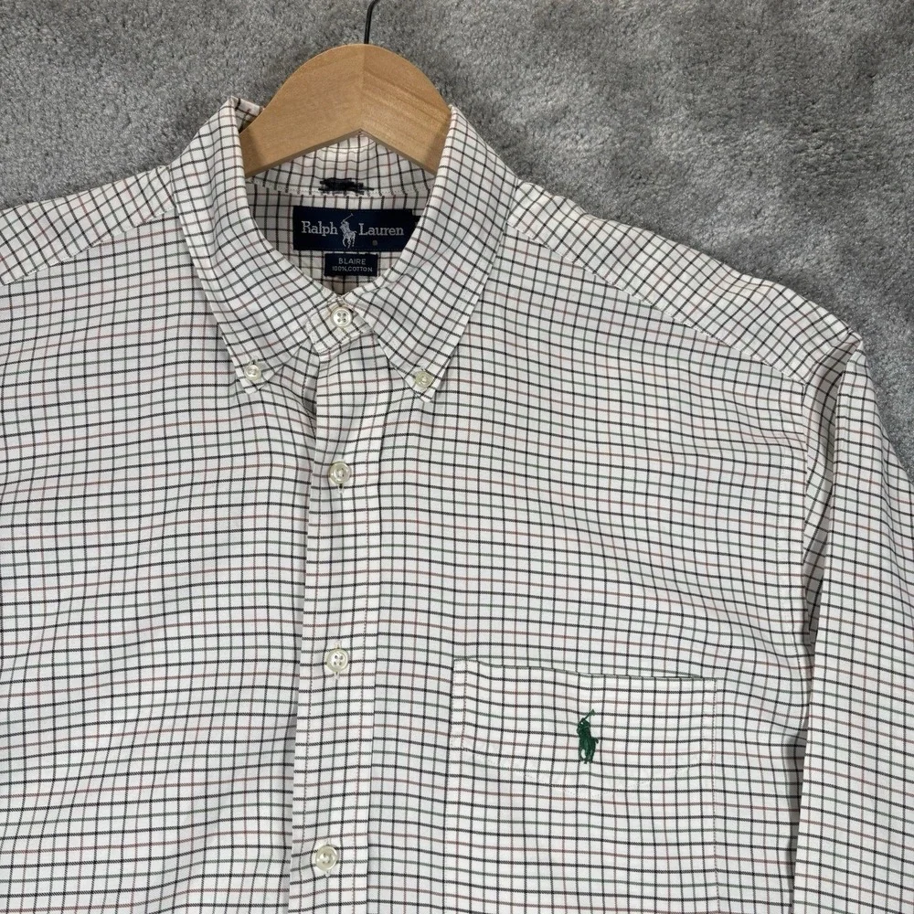 Vintage Polo Ralph Lauren Blaire Shirt Mens L Ivory Plaid Long Sleeve Pocket 90s